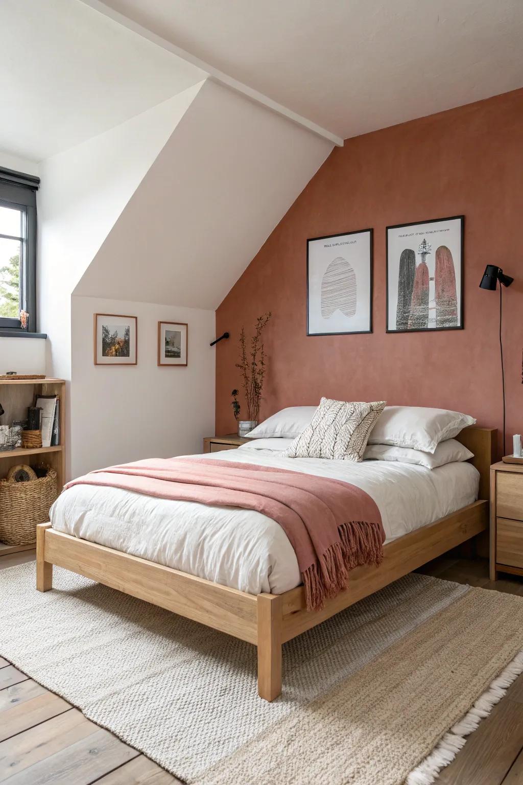 One warm accent wall behind the bed adds depth and style—without overwhelming a small teen room.