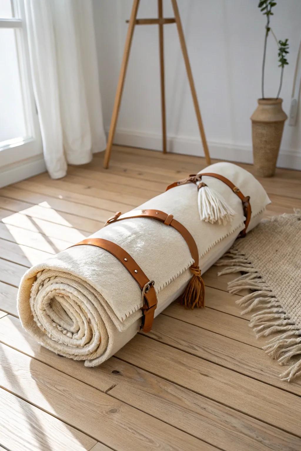 A roll-up futon: cozy temporary bed by night, neatly strapped and stashed by day.