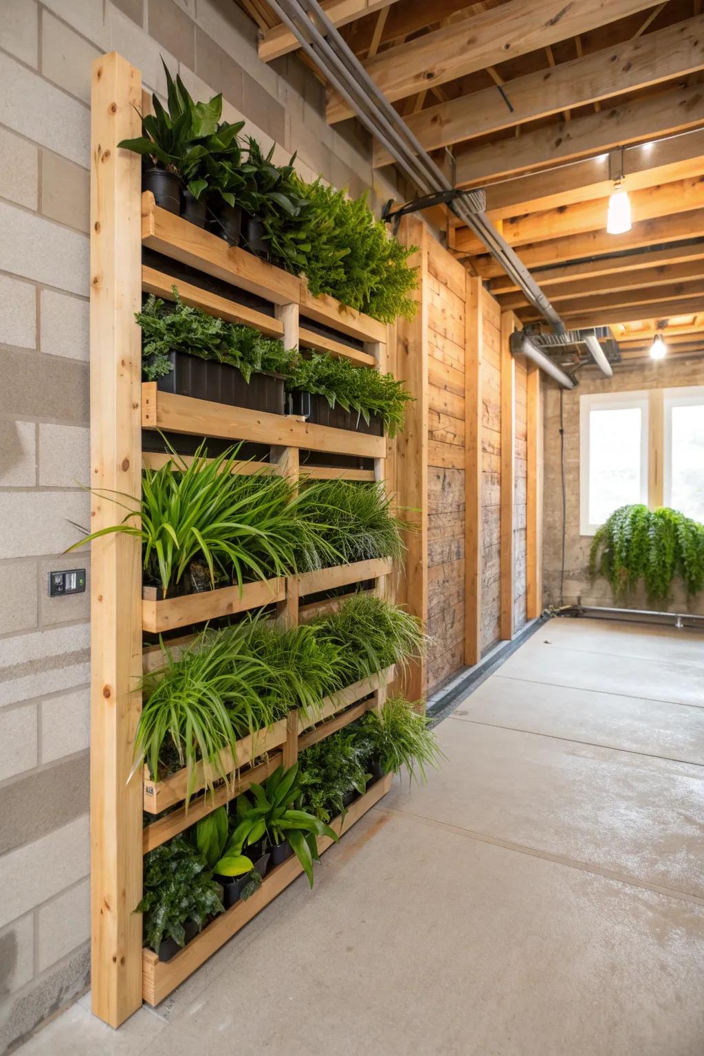 Transform your basement with a striking plant wall that breathes life into unfinished spaces.