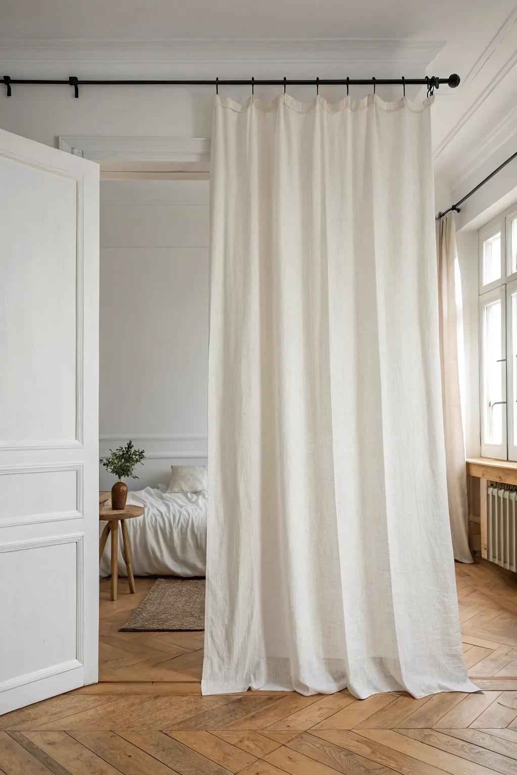 Sheer linen on a wide tension rod creates an airy studio room divider—no drilling needed.