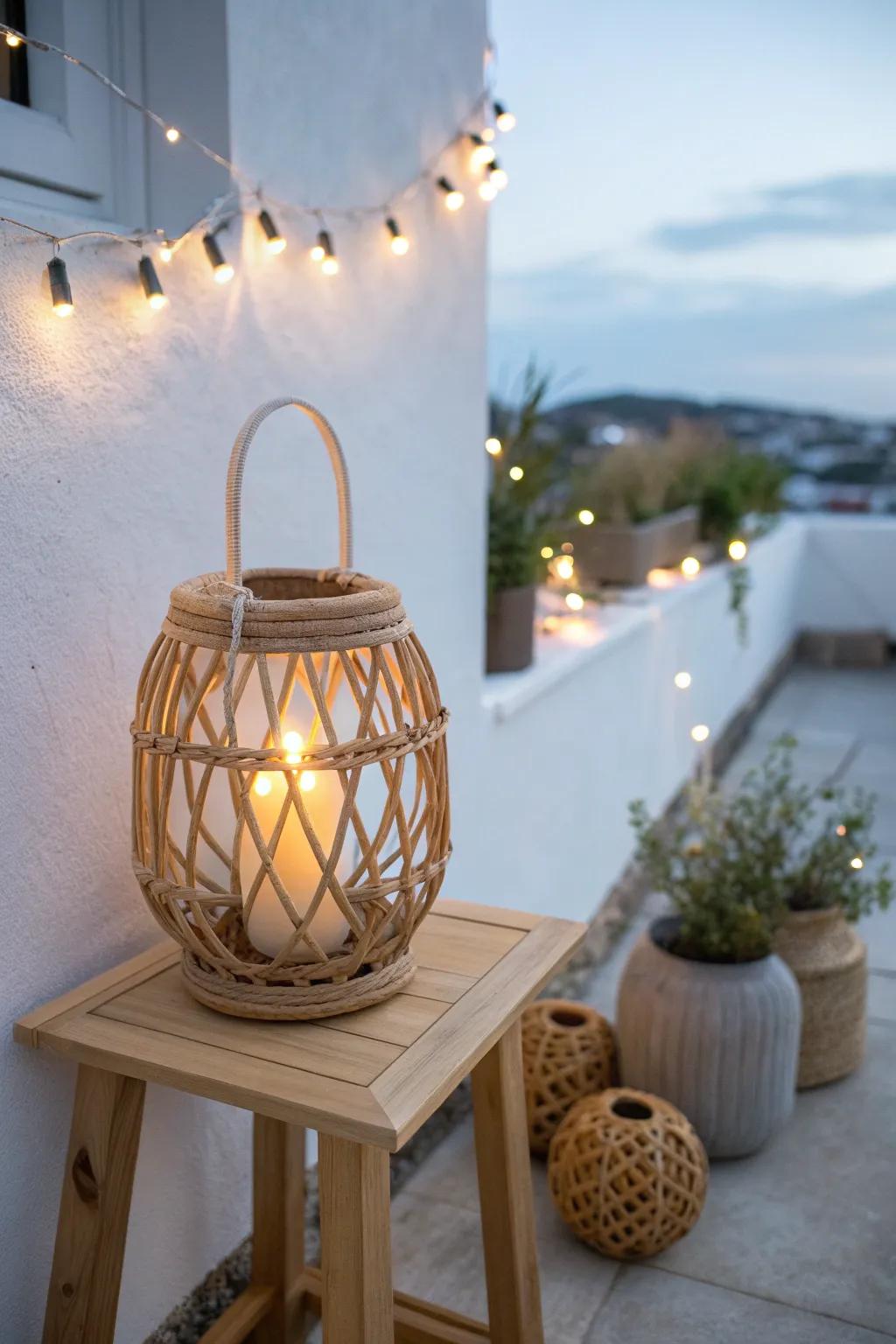 A woven lantern’s warm glow turns a tiny terrace garden into a cozy night retreat.