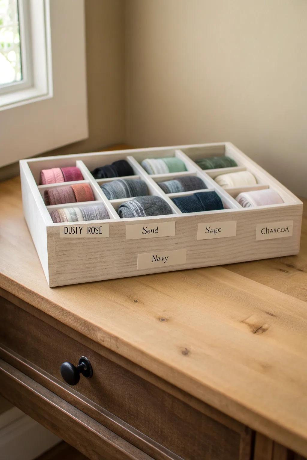 Compartment tie box with color labels—dust-free storage and quick styling in small closets.