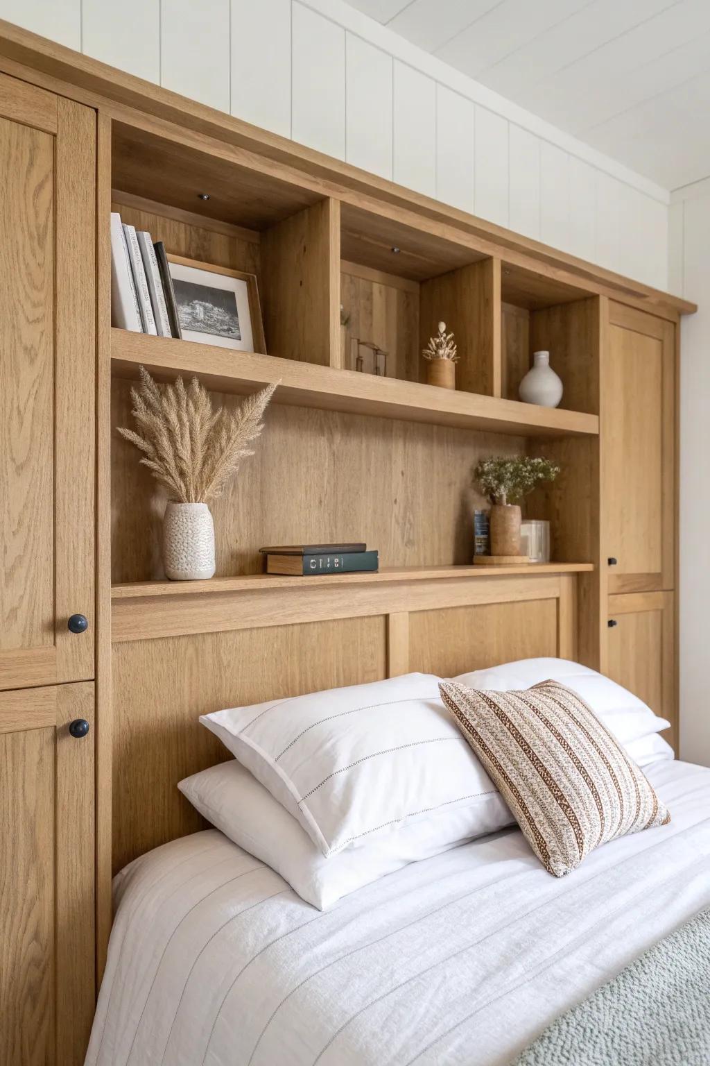 Built-in headboard cubbies replace nightstands—tiny bedroom storage that stays serene.