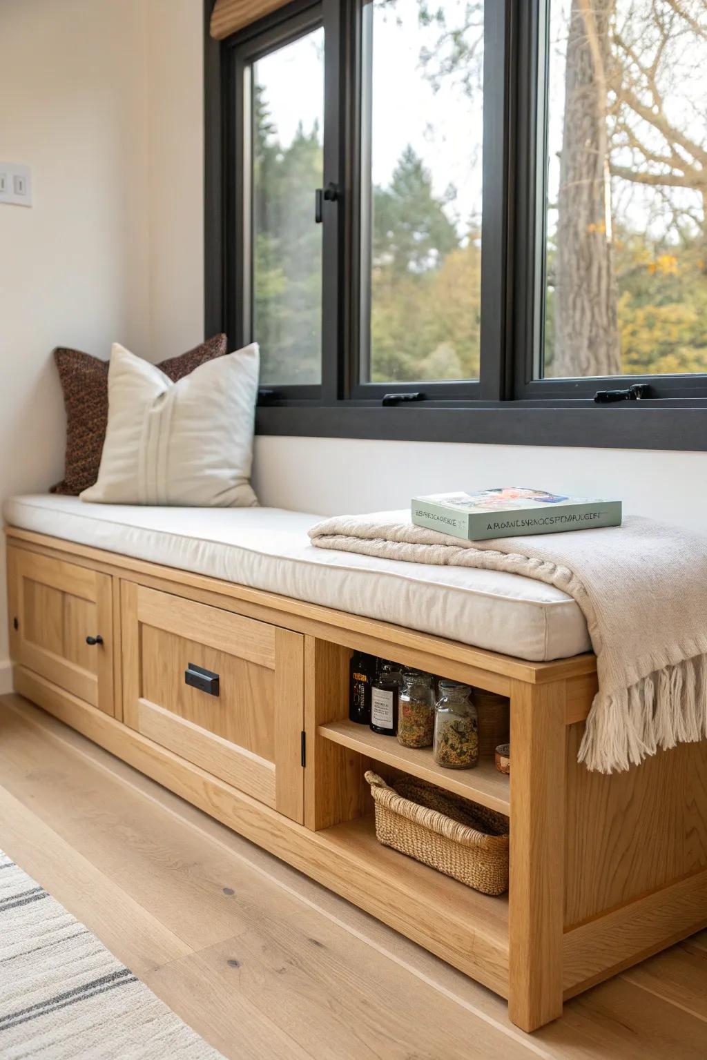 A built-in oak bench with lift-top storage—tiny-home seating that hides clutter beautifully.