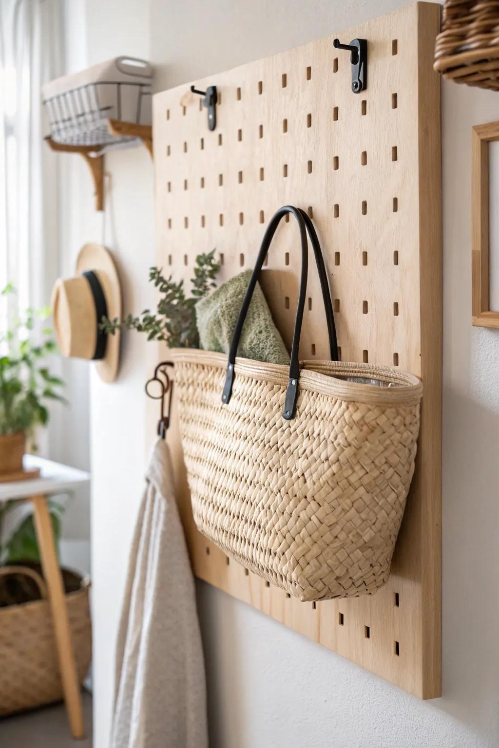 Budget tiny-home win: a chic pegboard + hooks keeps essentials off counters in style.