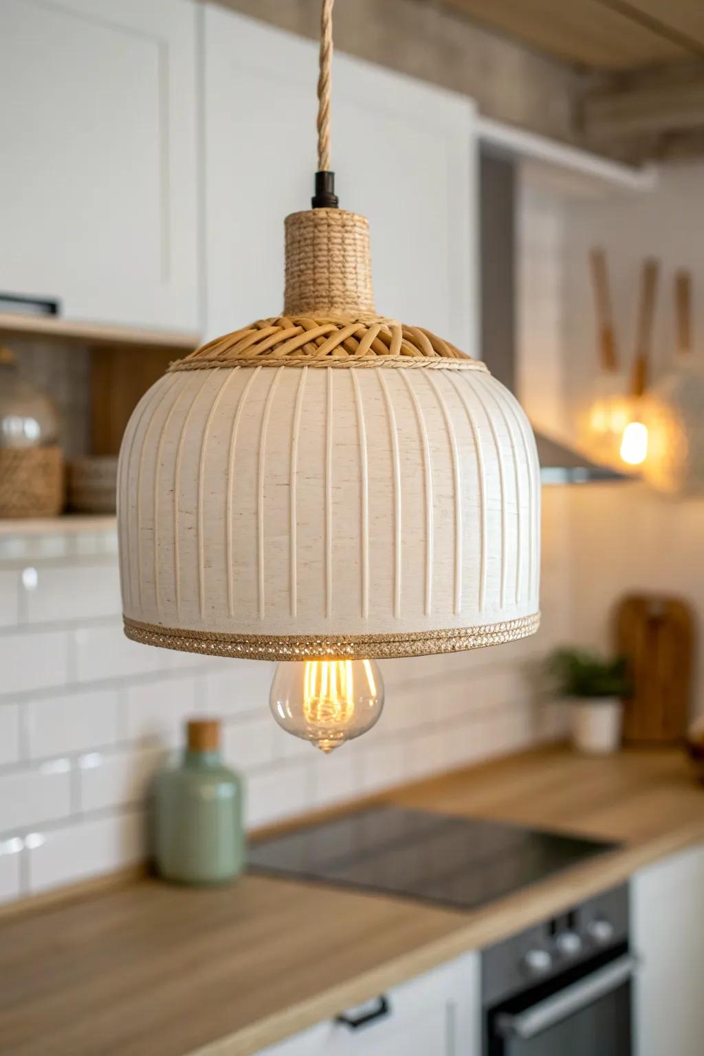 Layered lighting in a tiny kitchen: one pendant glow + hidden task lights for depth.