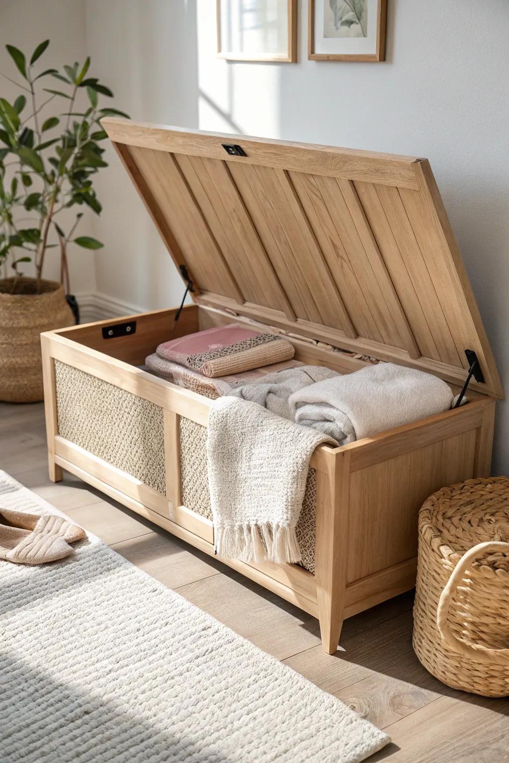 Lift-top storage bench—pretty seating that hides blankets, games, and messy cords in tiny rooms.