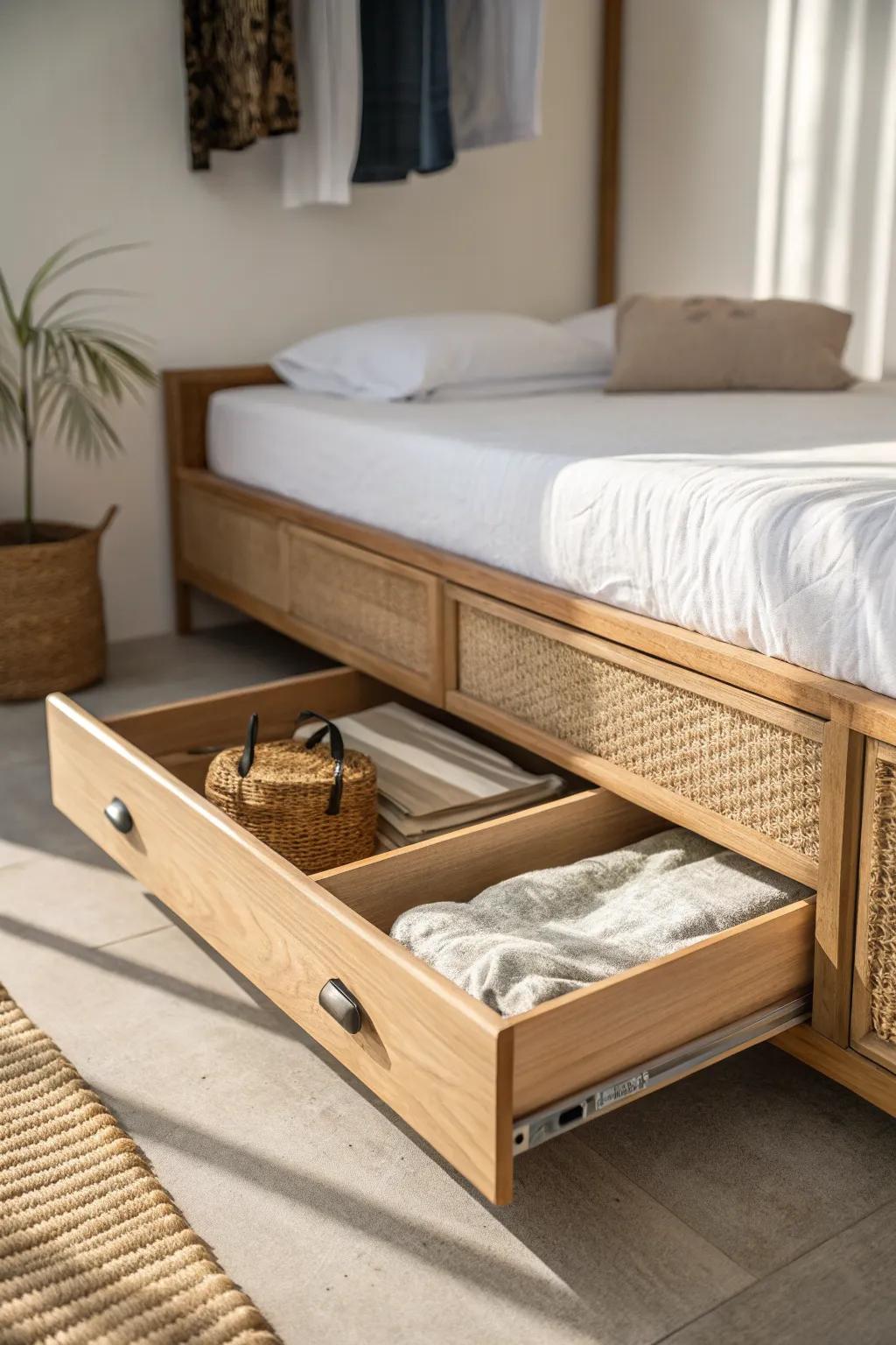 A sleek pull-out under-bed closet drawer turns a tiny platform bed into hidden storage.