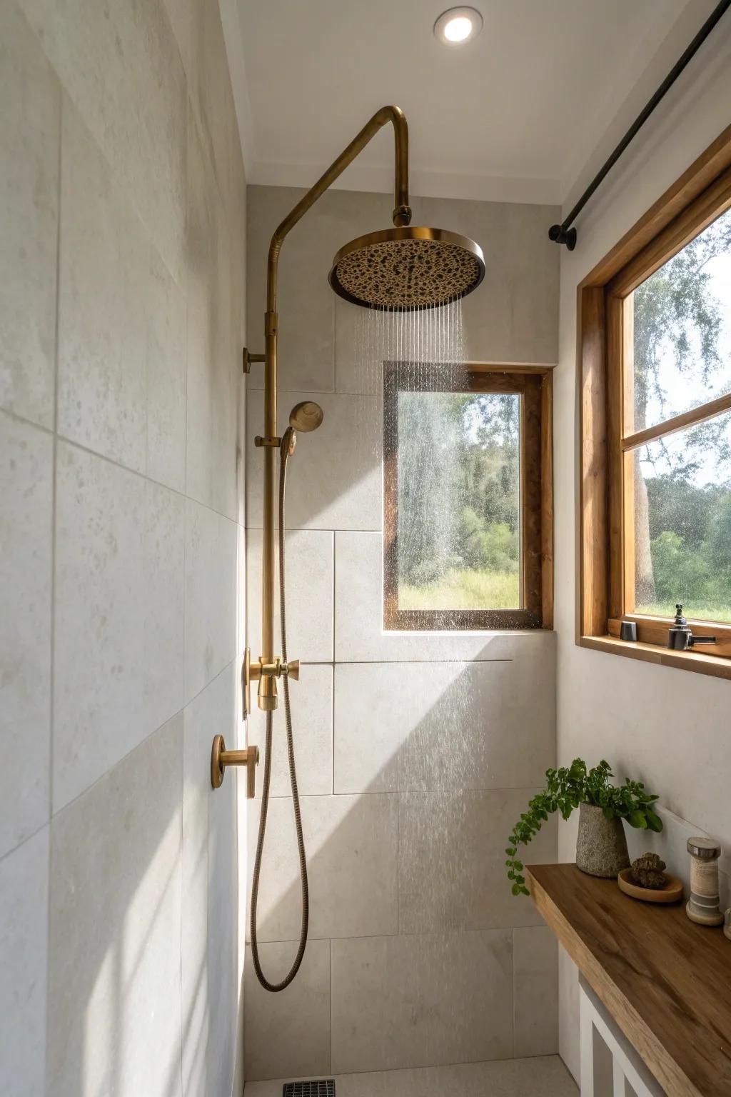 Tiny wet room idea: a minimalist brass rainfall shower makes small bathrooms feel luxe.