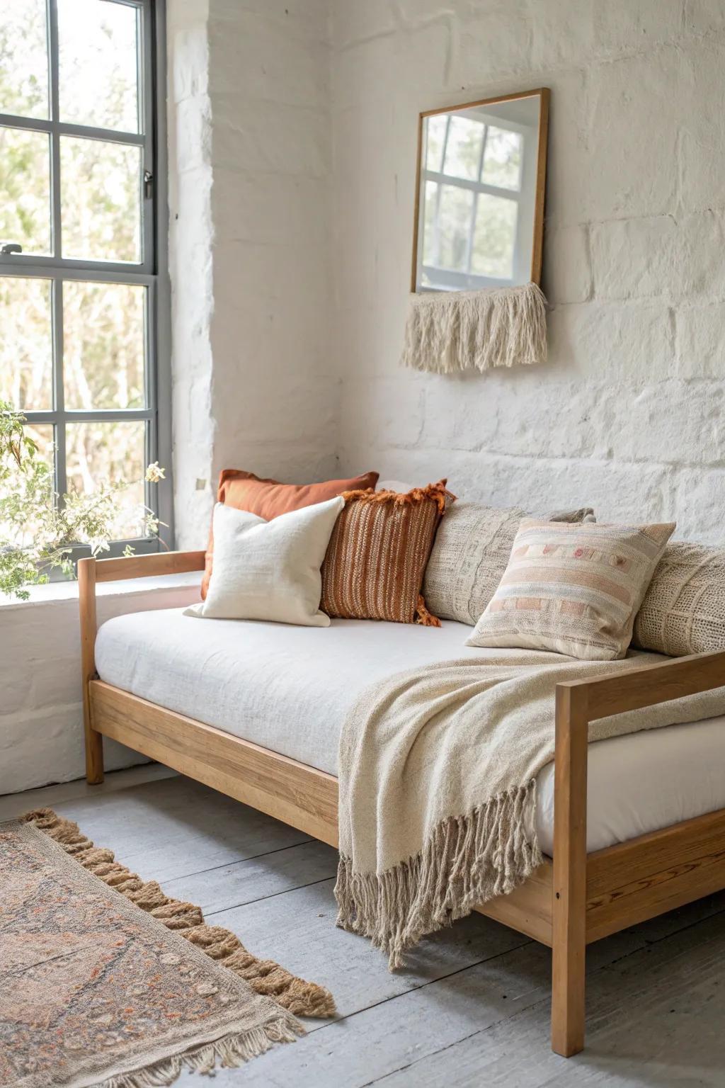 A daybed that lounges by day and sleeps by night—styled with layered pillows for a polished look.