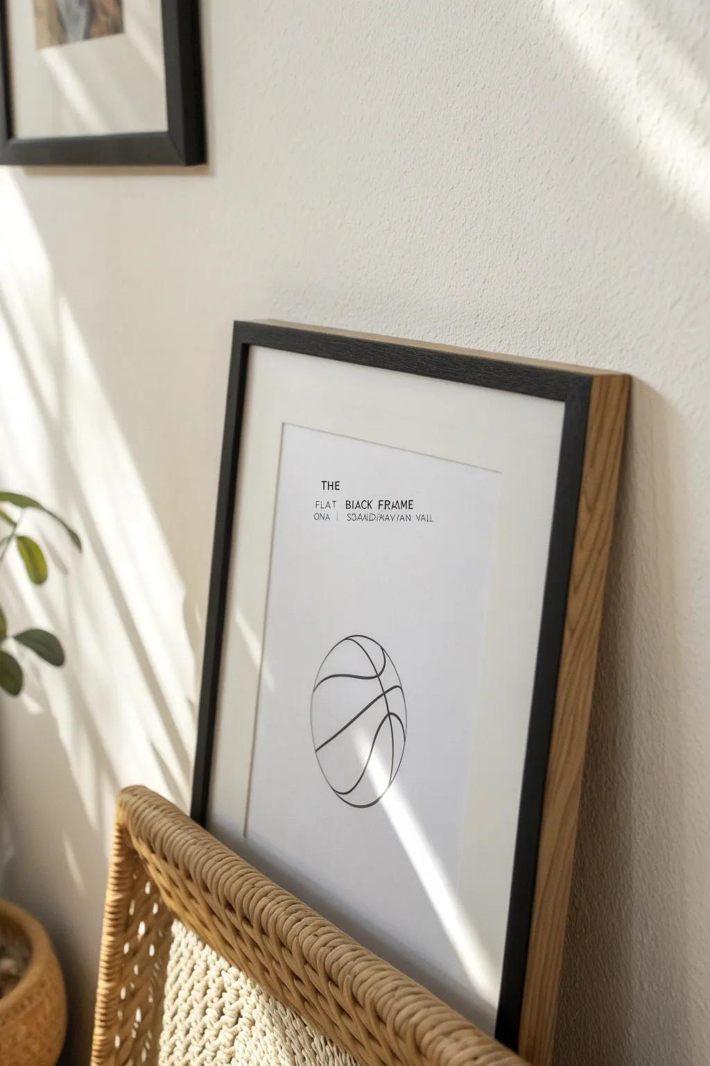 Flat-frame sports art in a neat grid—one wall, clean lines, and cozy small-space vibes.