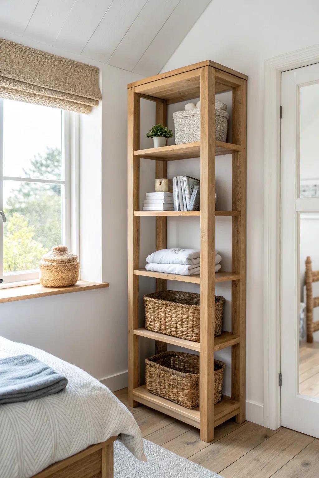 Go vertical: a floor‑to‑ceiling shelf keeps tiny bedrooms calm and clutter‑free.