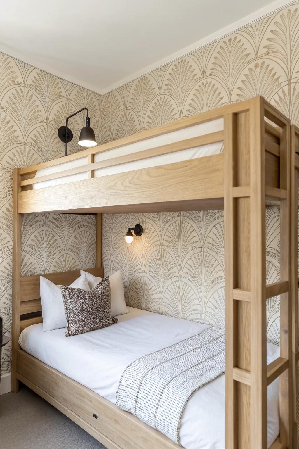 Peel-and-stick wallpaper makes the top bunk a built-in-style feature wall—easy, removable, chic.