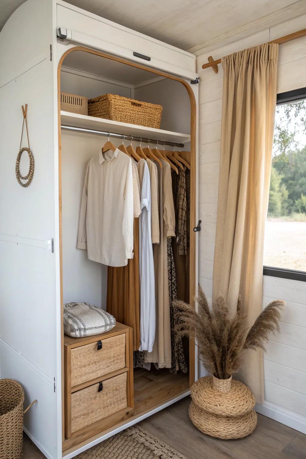 A real closet corner: a compact wardrobe + hanging rod to end duffel-bag chaos for good.