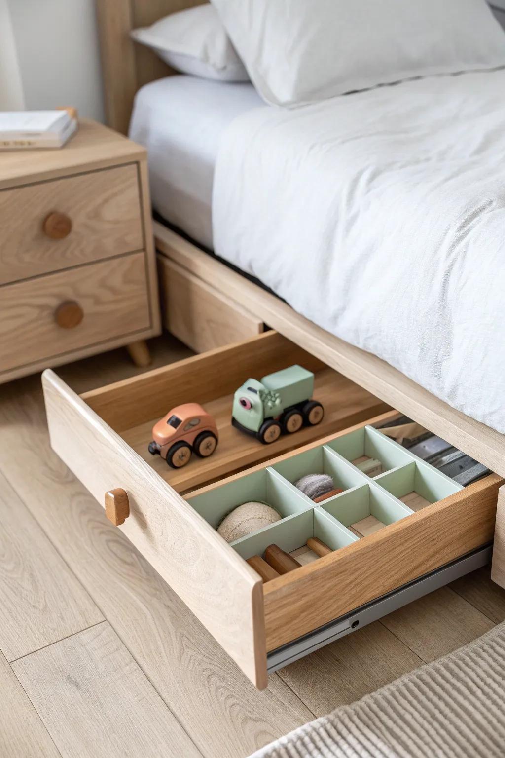 Slim under-bed drawer: a chic hidden home for overflow toys—easy to slide out at playtime.