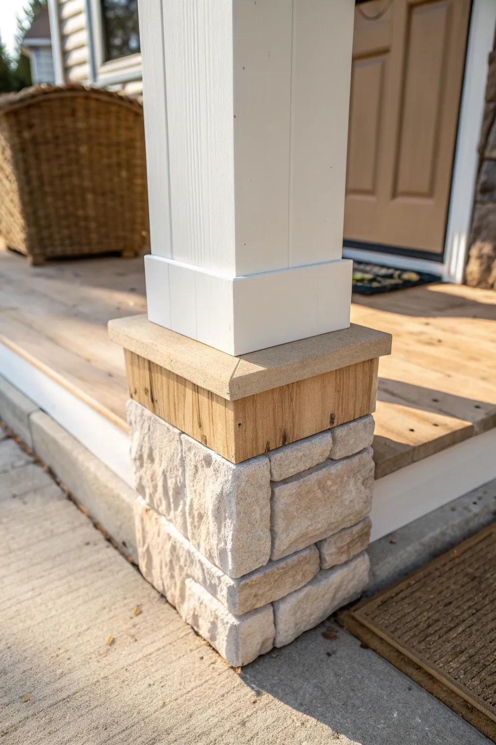 Faux-stone porch post base that makes a trailer porch feel built-in and cottage-chic.