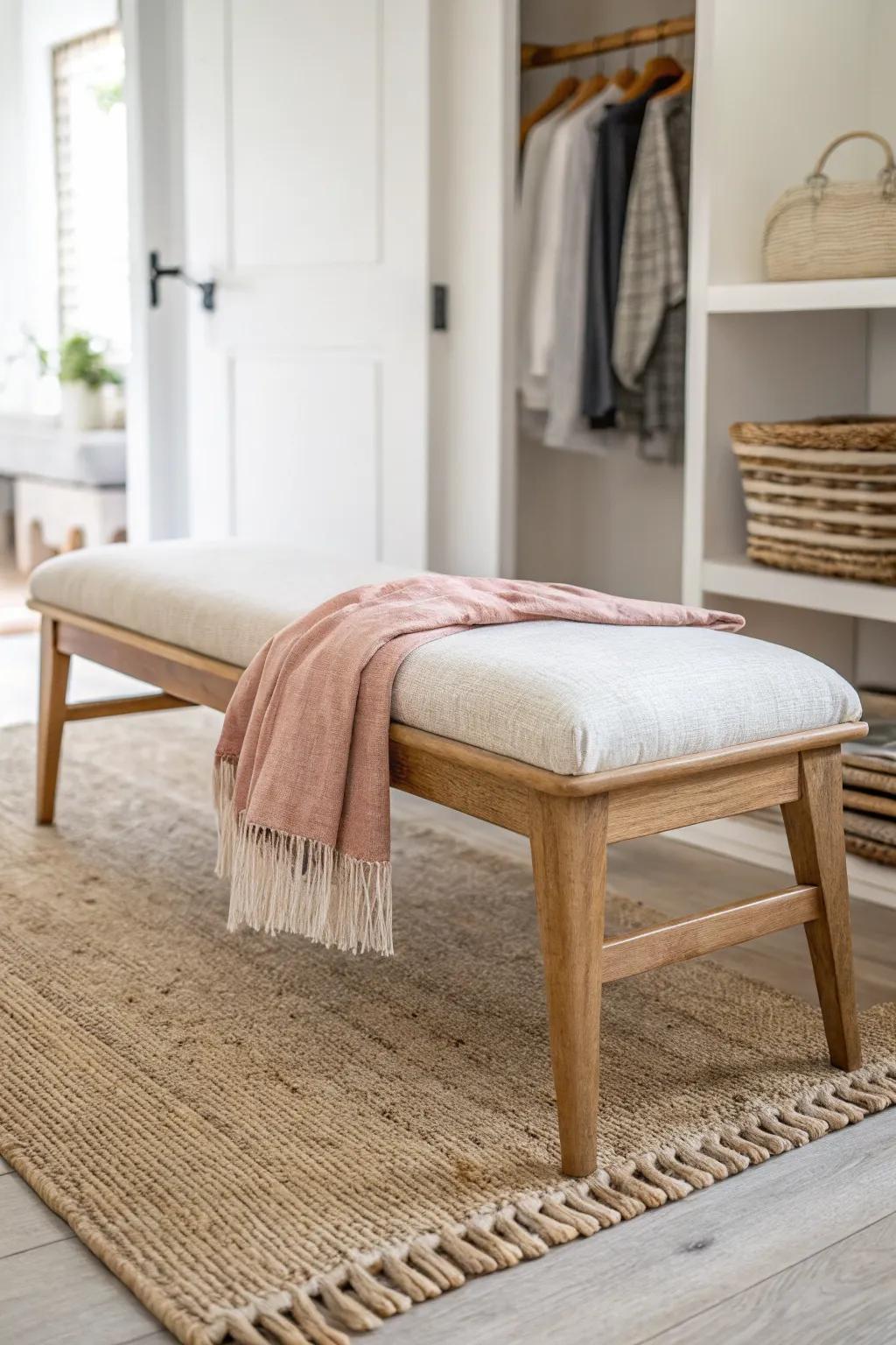A slim try-on bench makes your bedroom-closet feel like a calm, boutique dressing space.