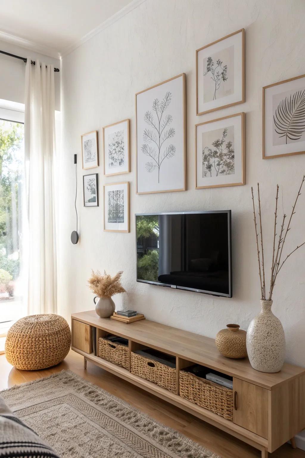 Turn a wall-mounted TV into art with a soft neutral gallery wall of frames and textures.