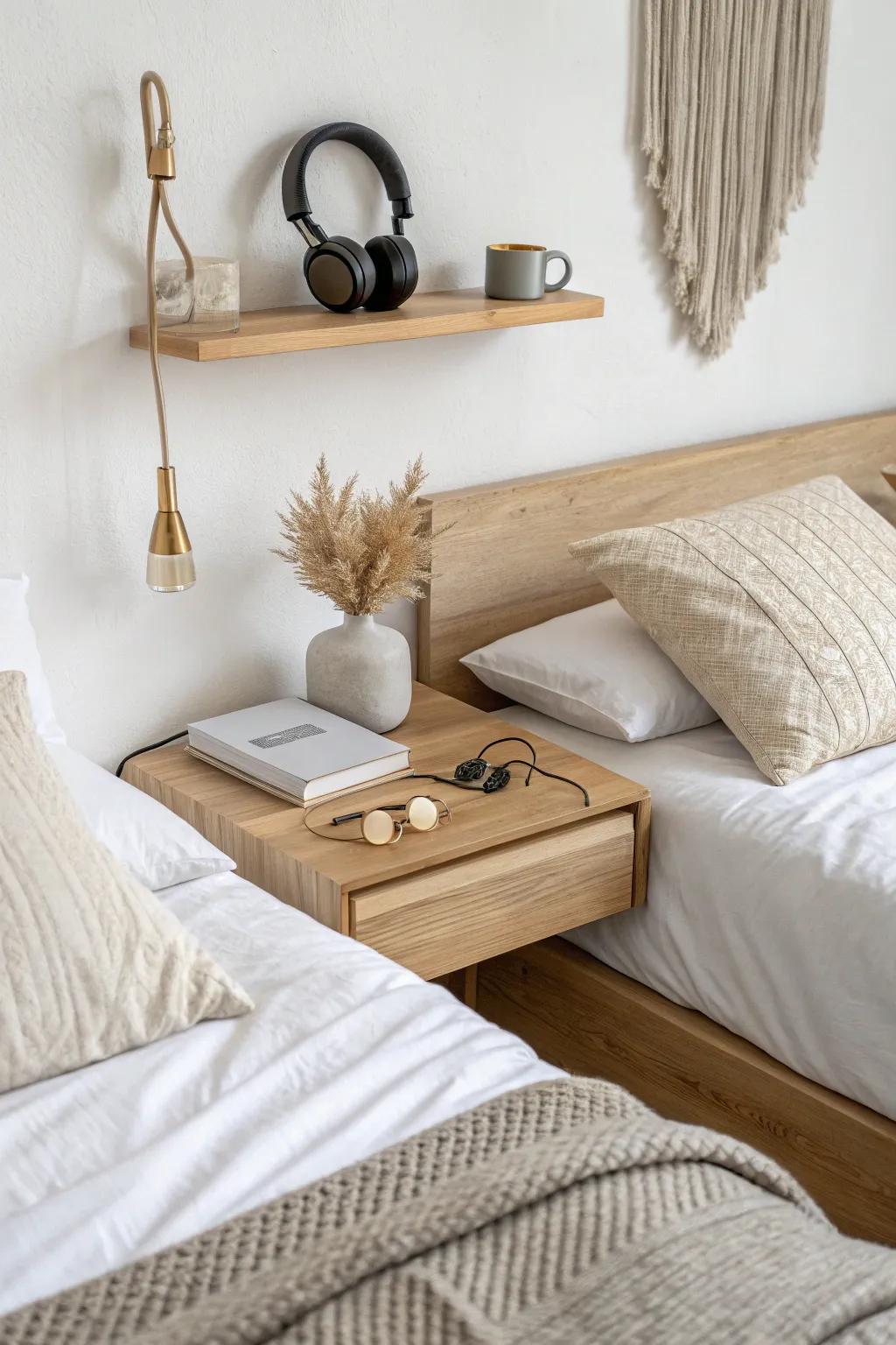 Skip bulky nightstands: a floating oak ledge + hook keeps twin rooms airy and clutter-free.