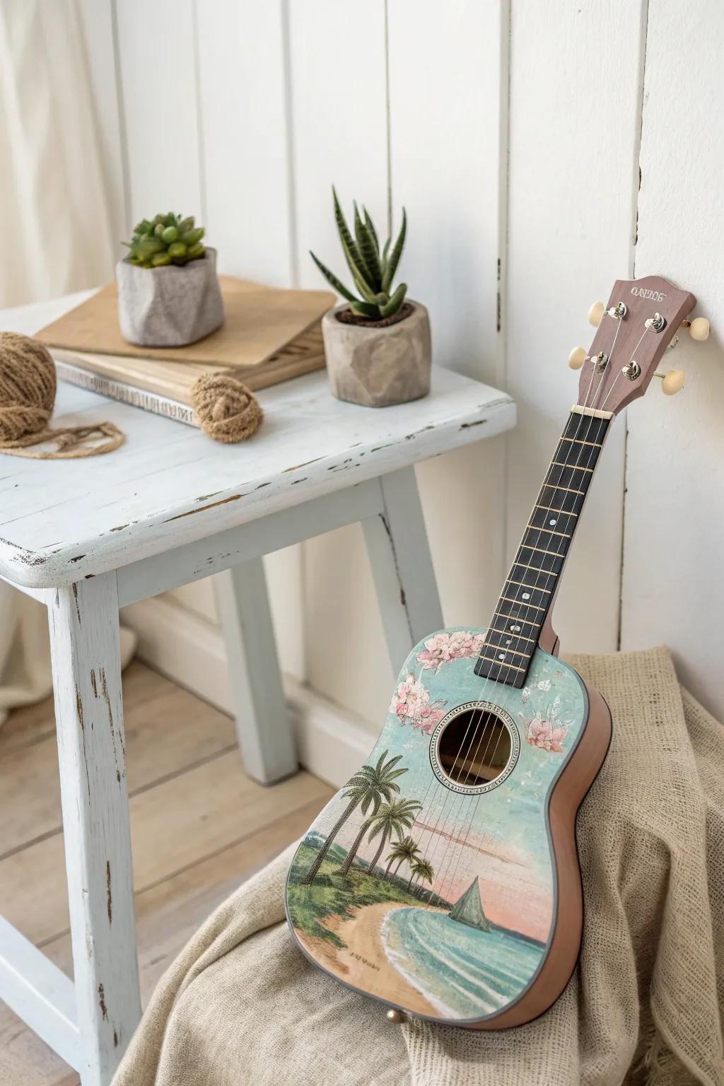 Strum into the past with a vintage seaside scene, beautifully painted on a ukulele.