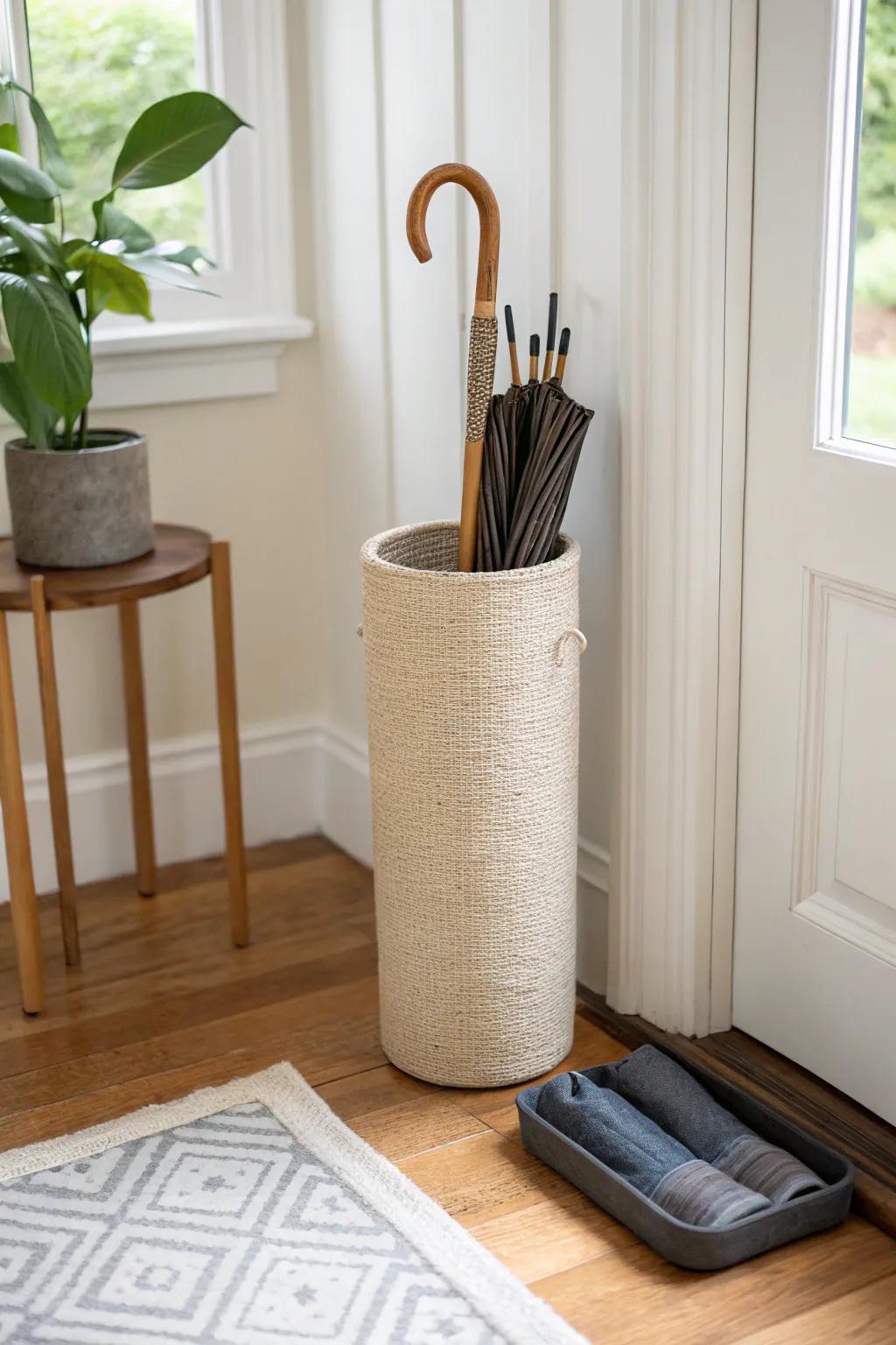 Budget-friendly umbrella storage: an upcycled tall container that looks effortlessly intentional.