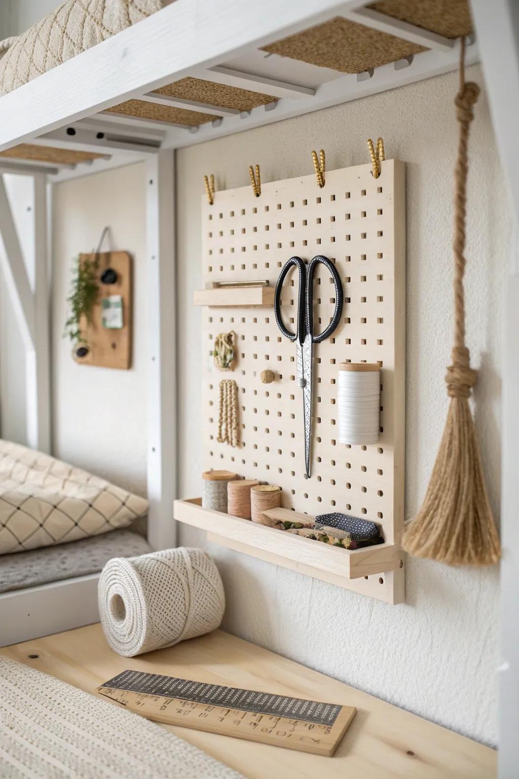 A chic under-loft pegboard keeps tools upright, visible, and beautifully organized.