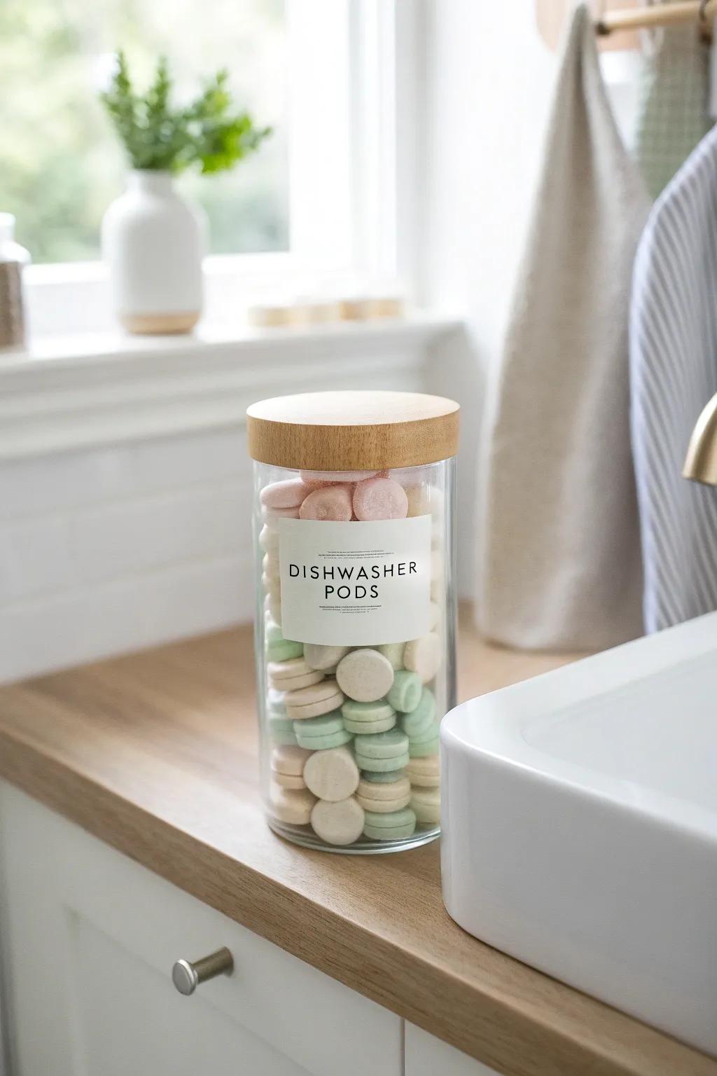 Decant pods and scrub refills into a clear labeled jar for instant under‑sink calm.