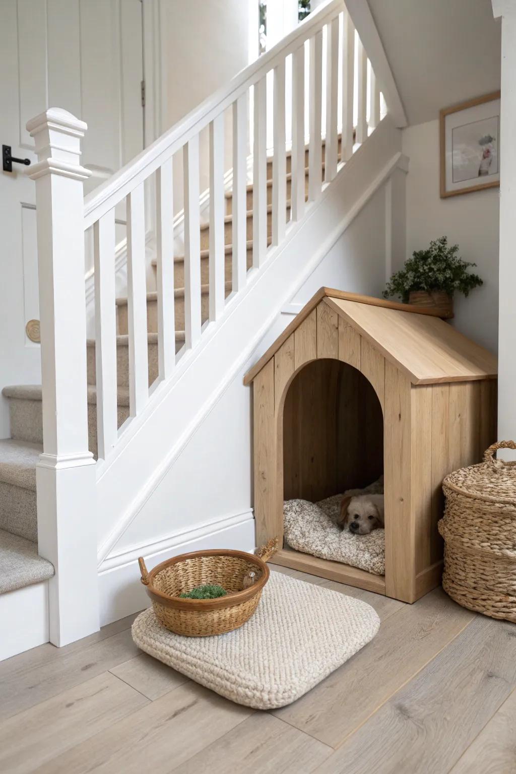 A built-in under-stair pet den with a washable cushion—warm, tidy, and space-smart.