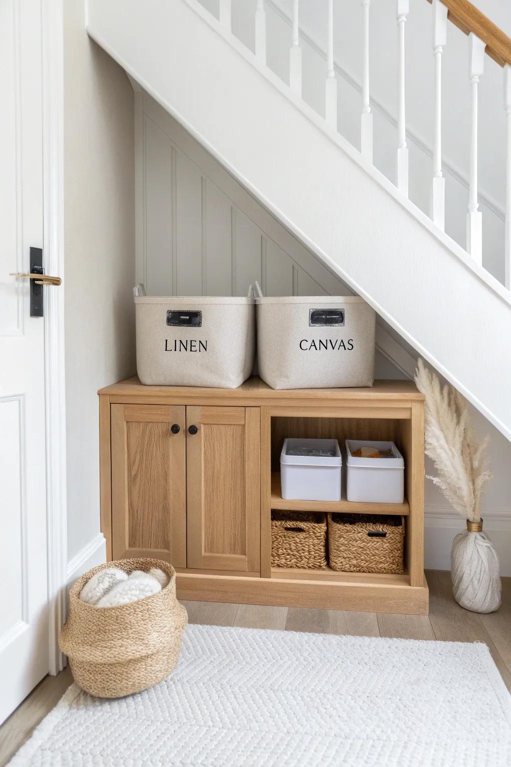 Under-stairs toy cupboard with labeled bins—kid-friendly storage that makes cleanup effortless.