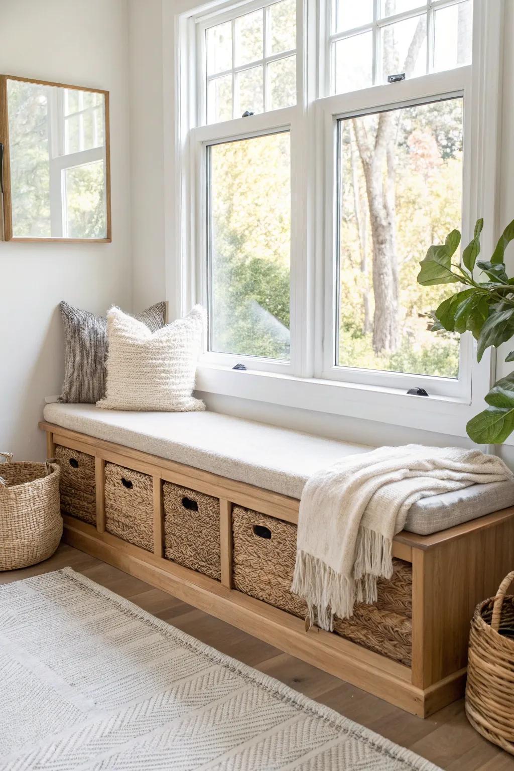 A cozy window seat that hides woven bins—beautiful storage for blankets, books, and crafts.