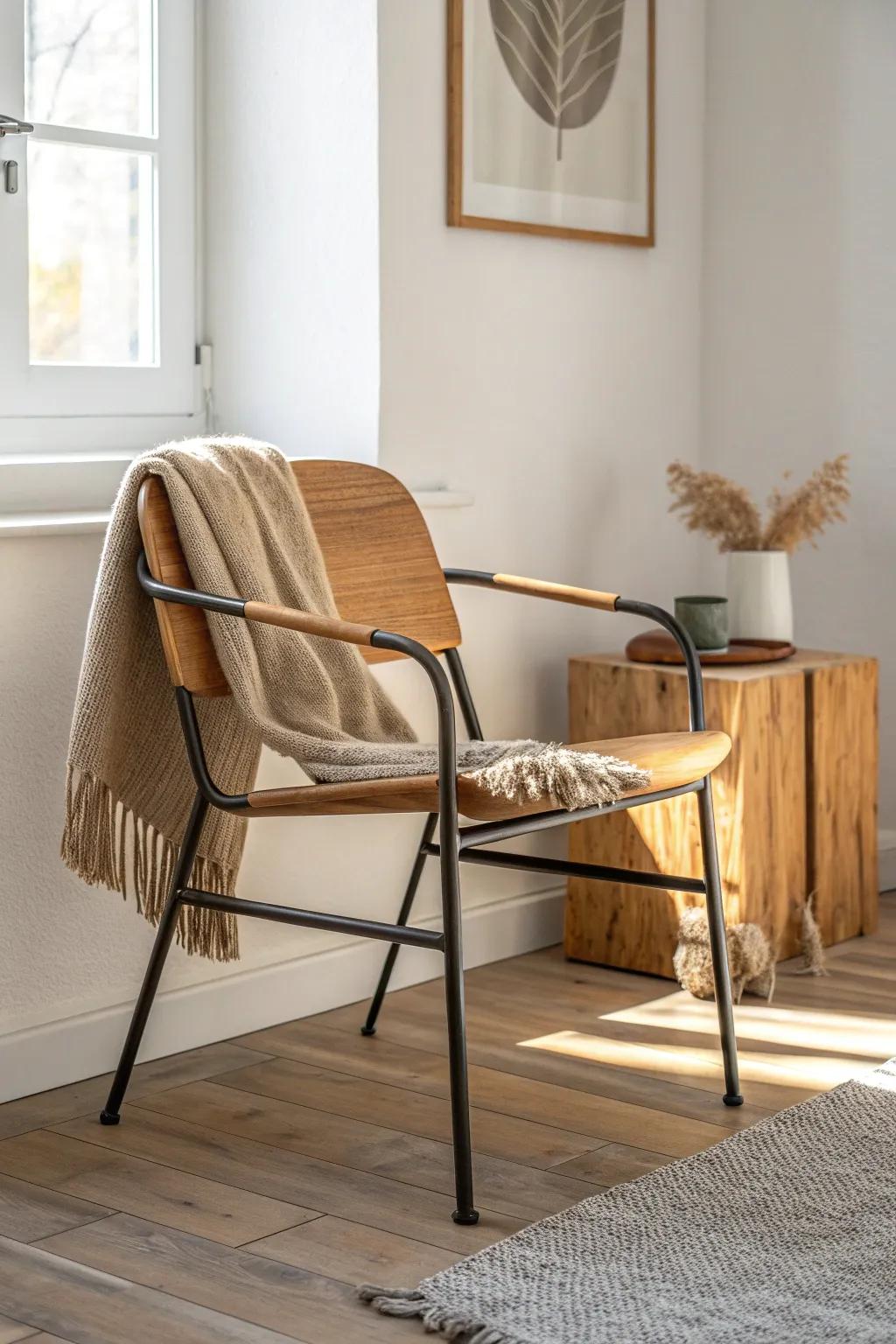Elevate your space with this chic upcycled chair—where industrial flair meets minimalist elegance.