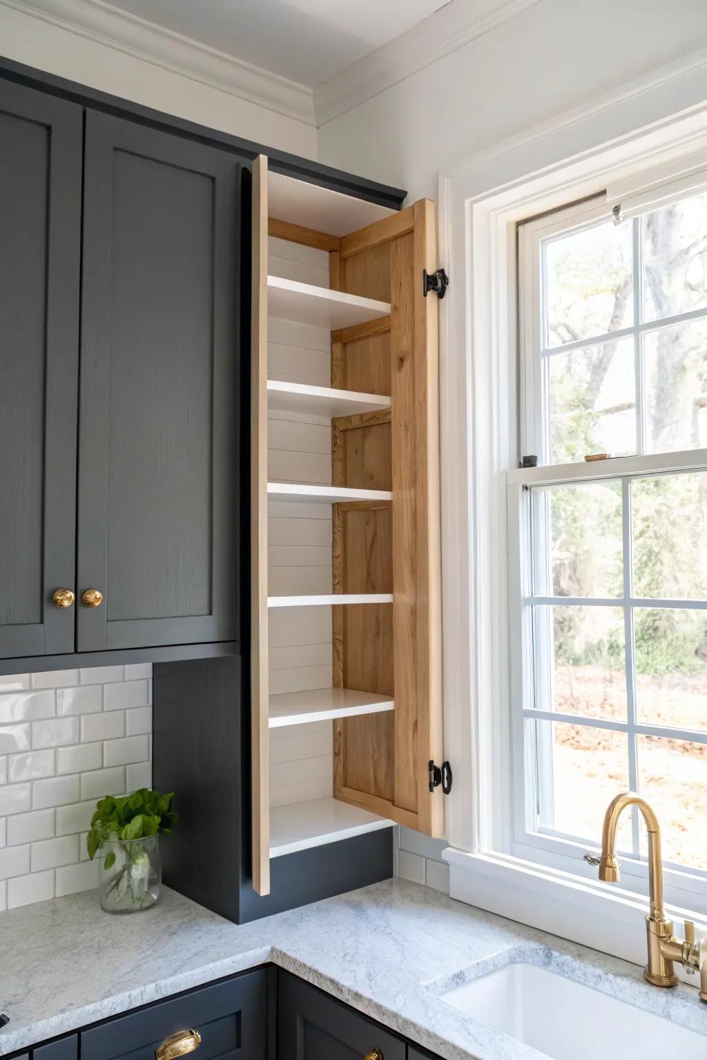 Bright-lined upper corner cabinet: an easy peel-and-stick upgrade that feels custom and airy.