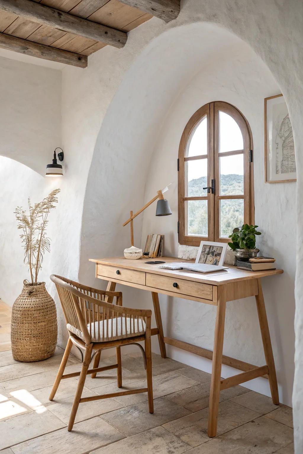 A limewash accent wall frames the loft desk, instantly defining a calm office nook.