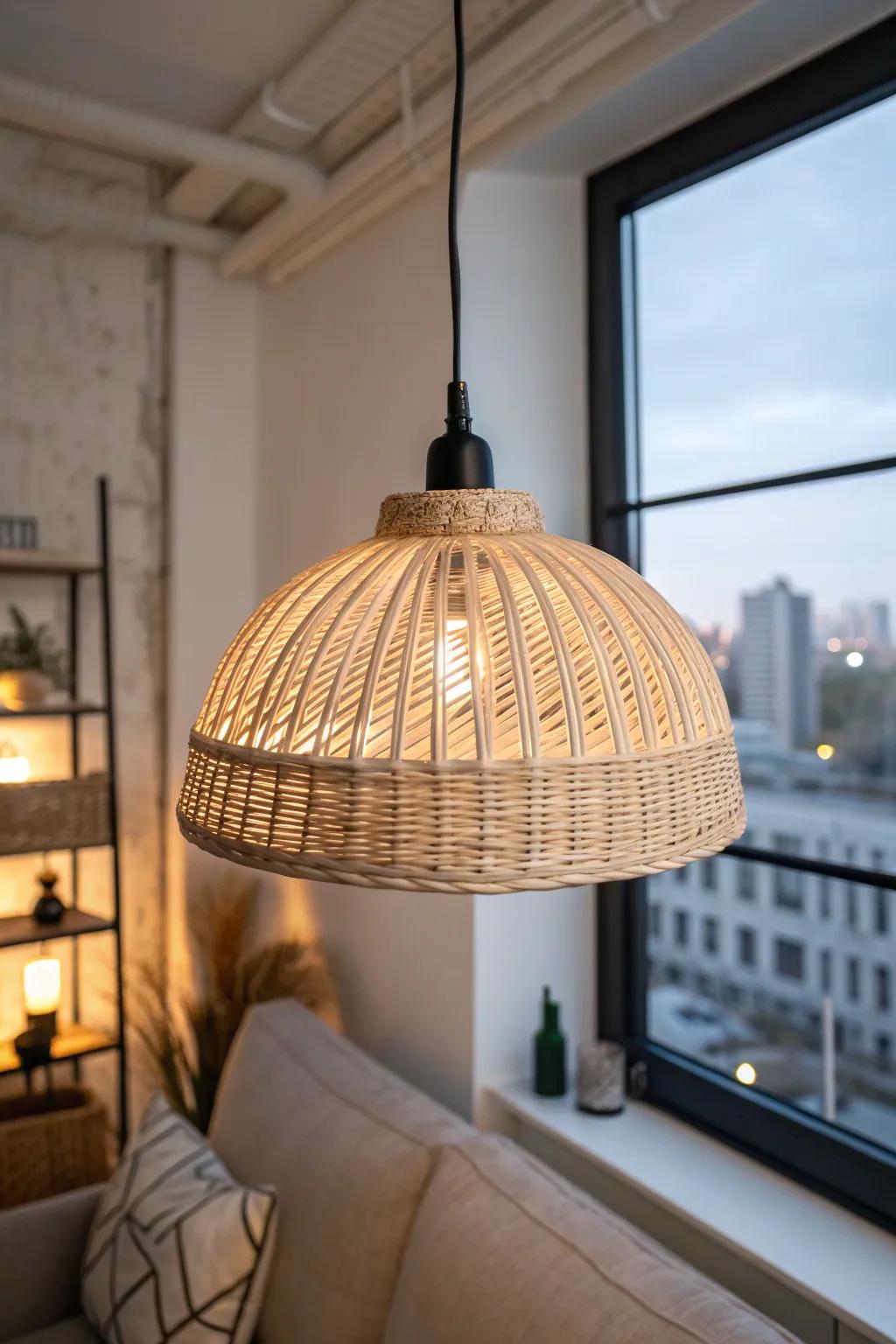 A statement pendant transforms a small city living room from rental to intentional glow.