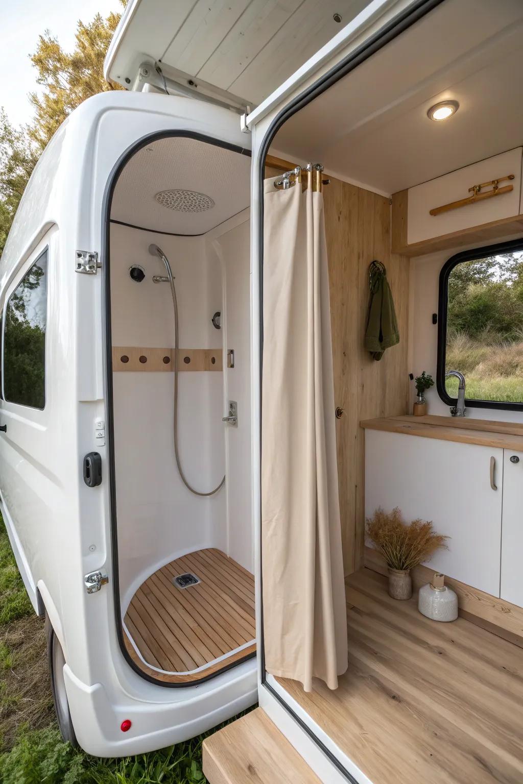 A tiny indoor wet bath closet: waterproof, self-contained, and always ready after a long day.