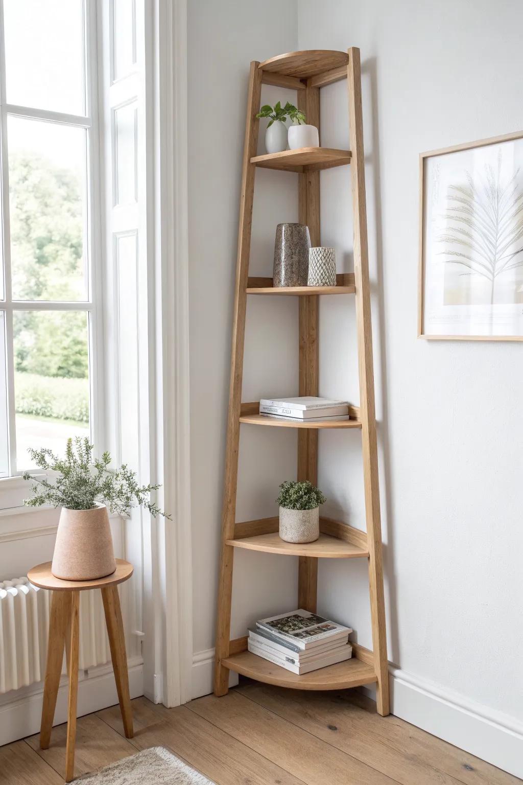Turn that awkward corner into a chic vertical shelf moment for plants + books.