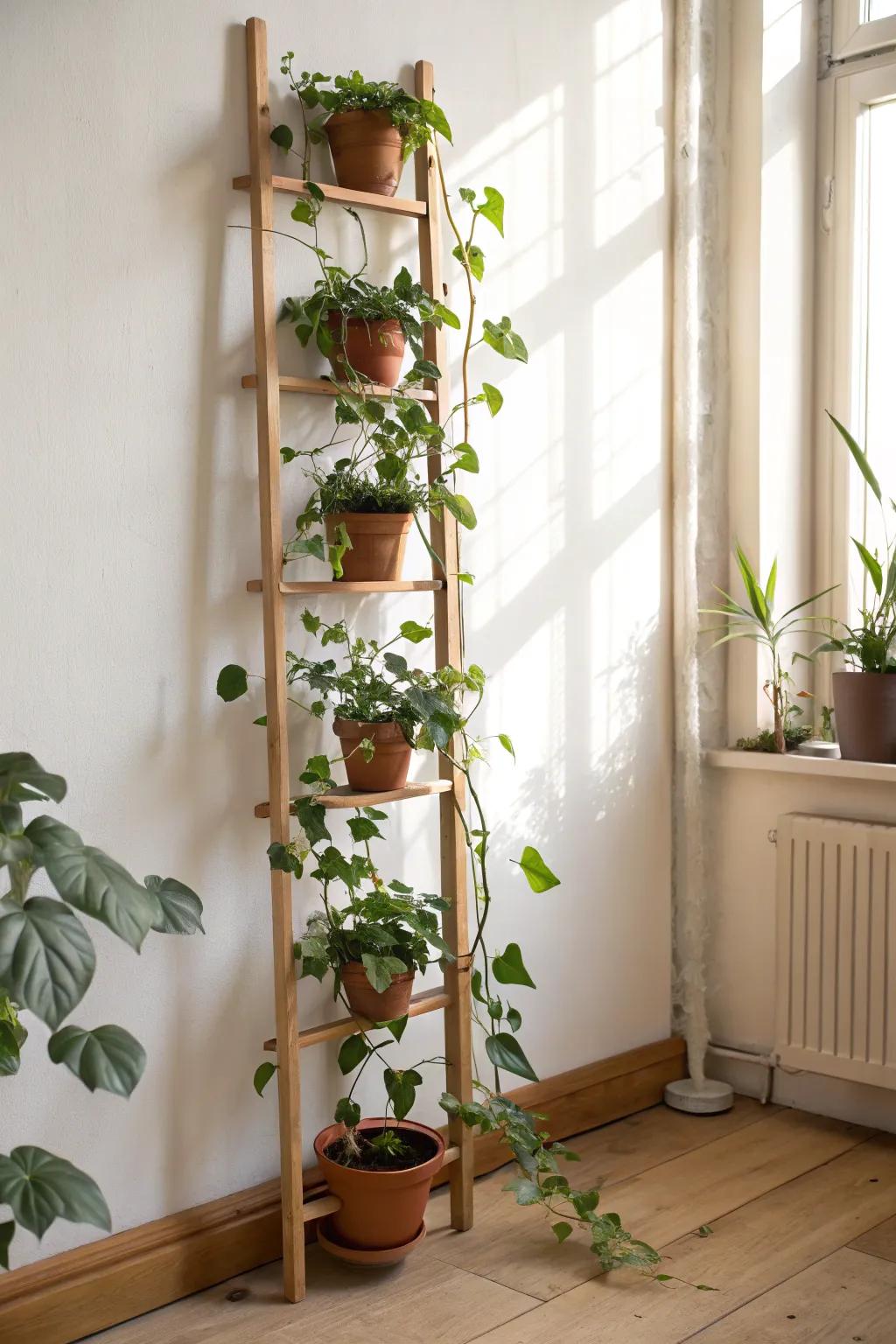 A tall wall trellis turns tiny pots into a tidy vertical plant wall—minimal, boho, fresh.
