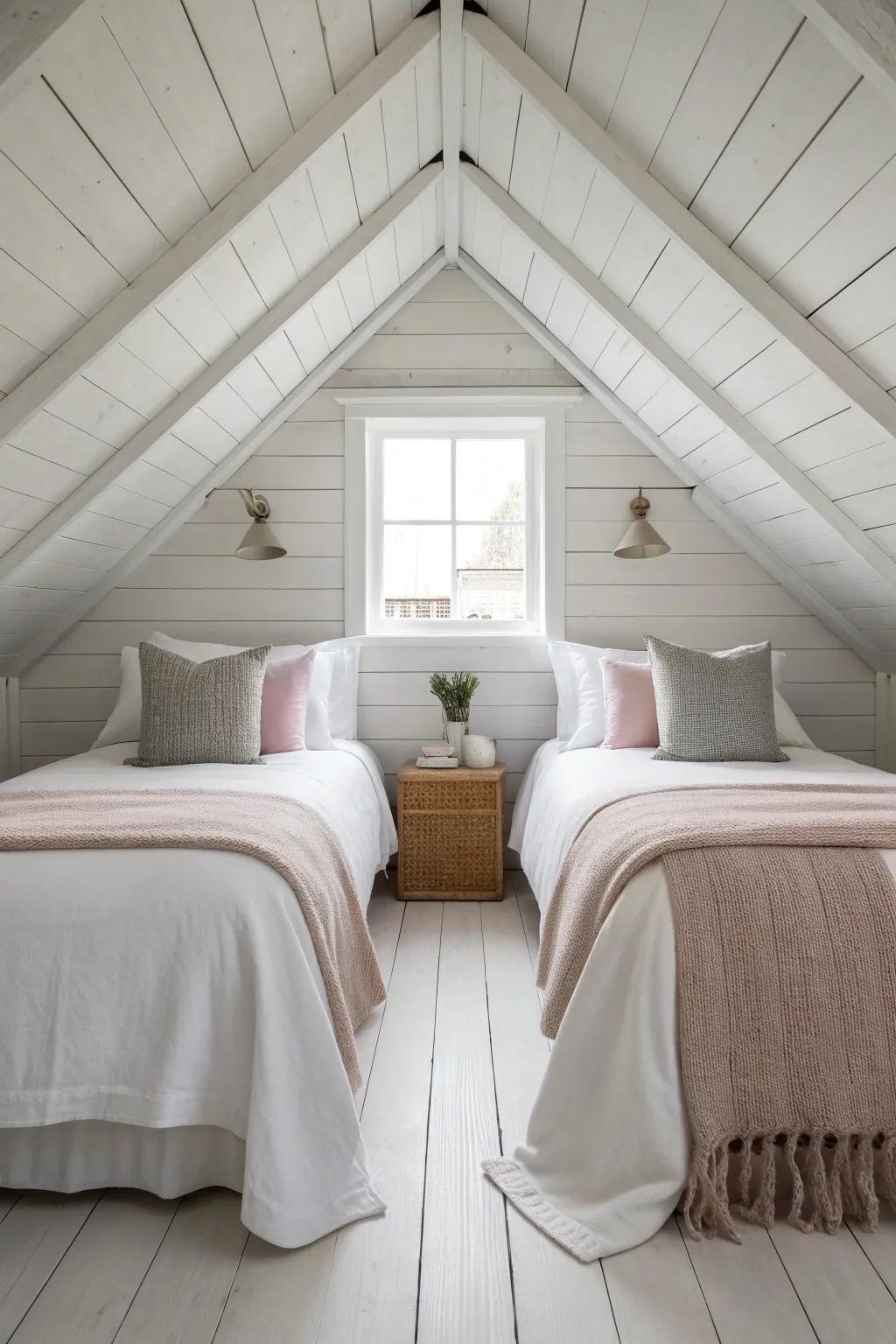 Two twin beds under the eaves create symmetry that makes a tiny attic bedroom feel larger.