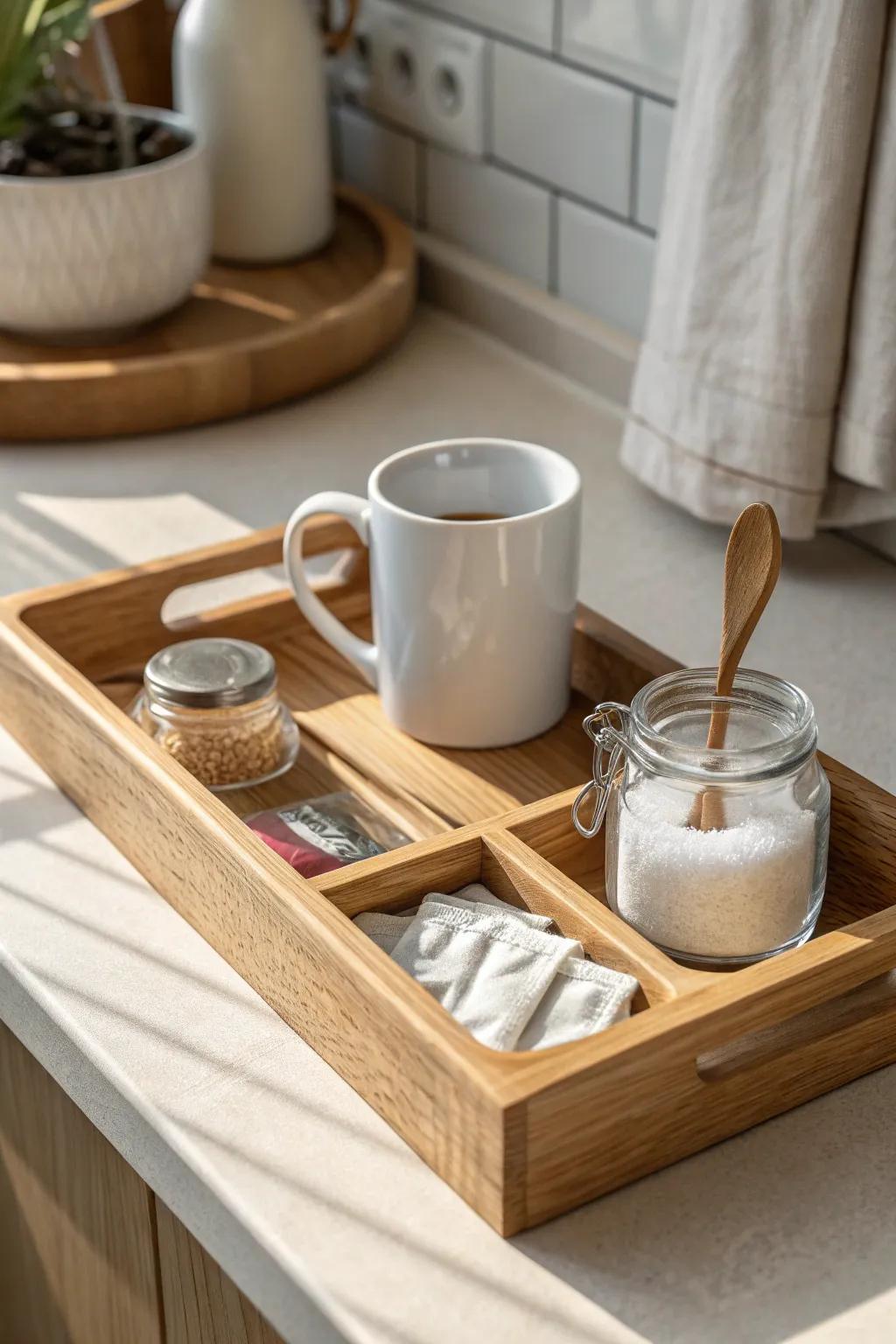 Tiny coffee/tea zone: one tray keeps mugs and kettle together for calmer daily mornings.