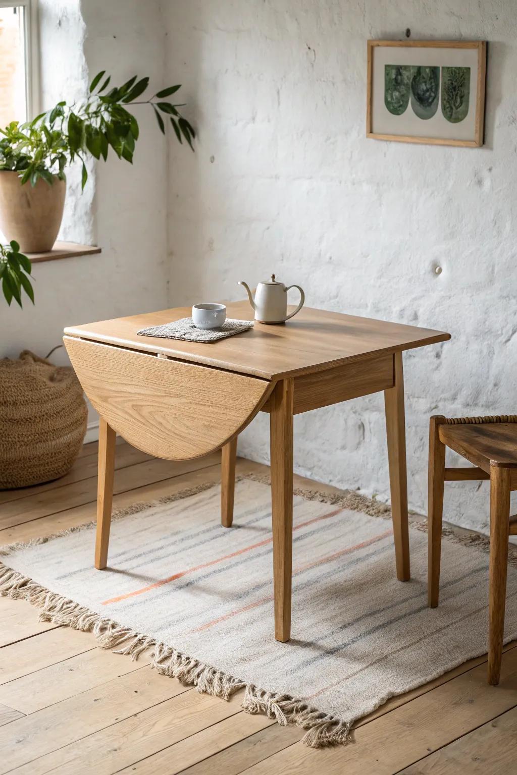 A drop-leaf table that folds away fast—perfect for dining, work, and crafts in tiny studios.