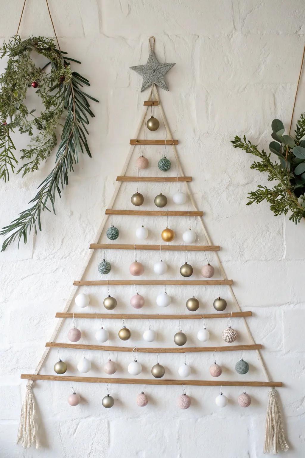 A luxe wall “tree” of ribbon rows and neutral baubles—perfect for narrow small spaces.