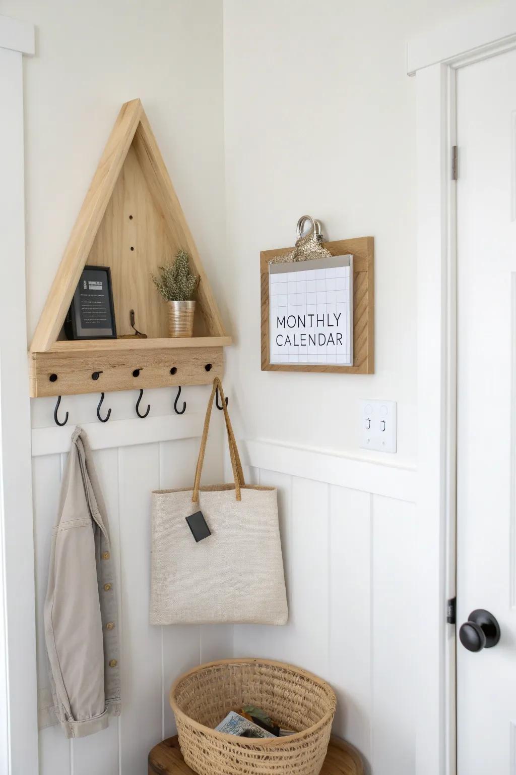 A tiny corner command center with hooks, calendar, and mail tray to stop entryway clutter.