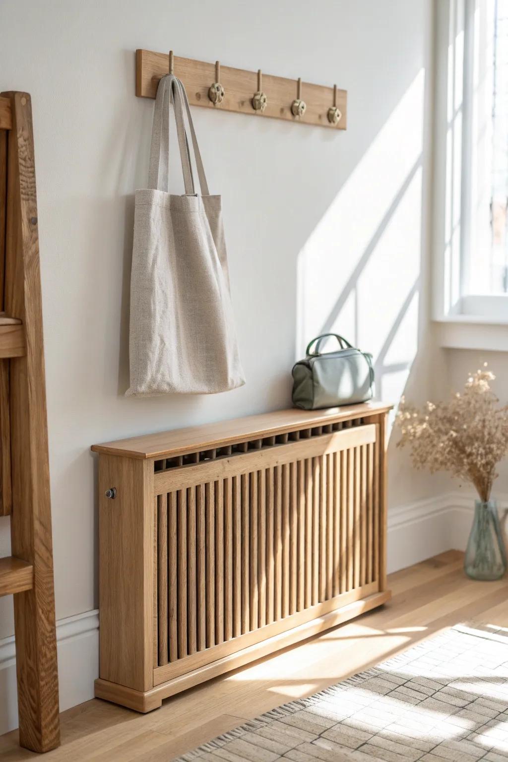 A slatted heater cover with hooks above—an instant drop zone that keeps a small entry neat.