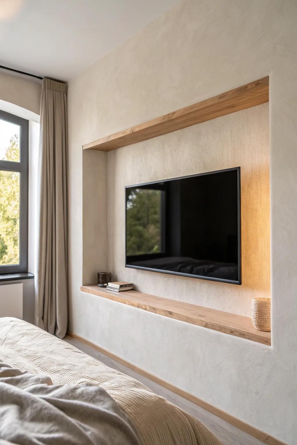 Recess the TV into a wall niche for clean, built-in lines and a sleek, clutter-free bedroom.