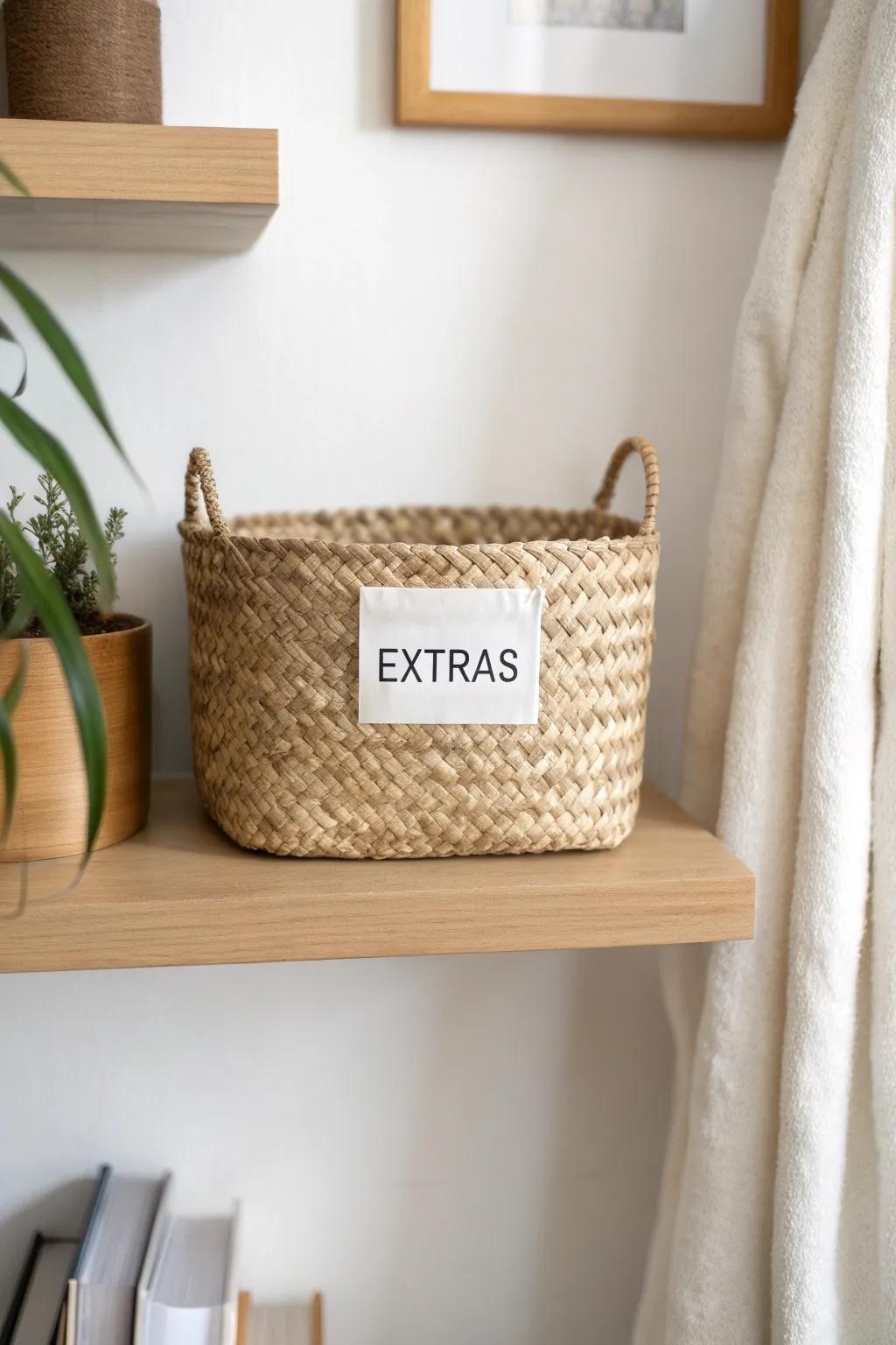 One labelled basket turns wall-shelf clutter into calm, intentional office storage.