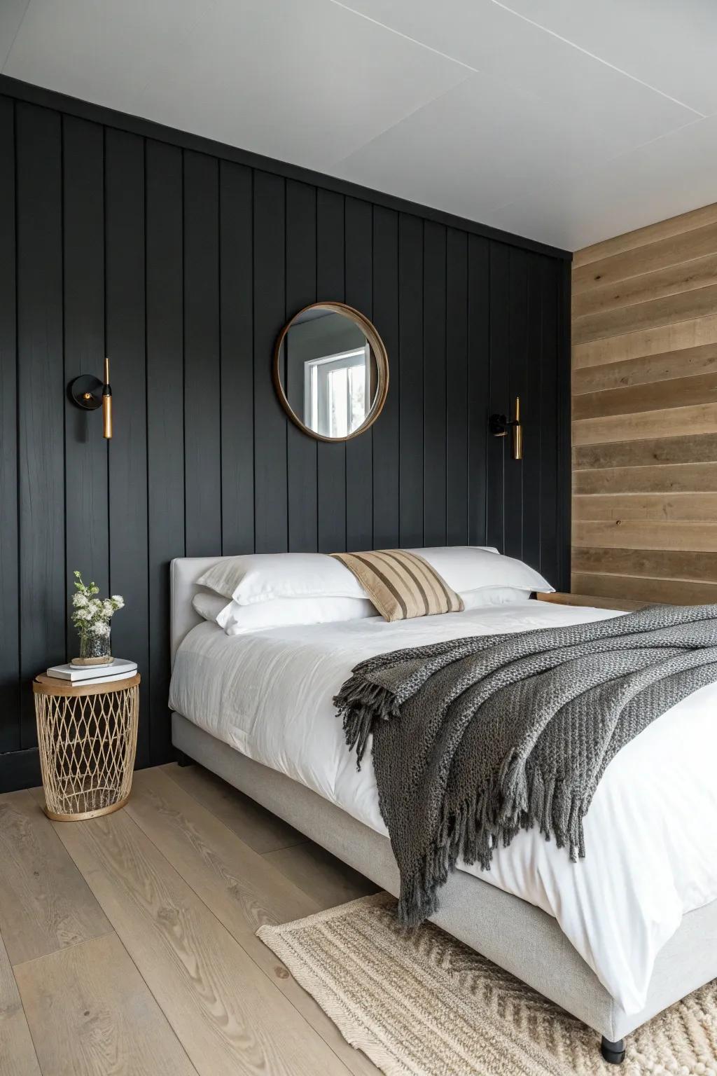 Moody charcoal paneling behind bright linen bedding adds depth, drama, and cozy calm.