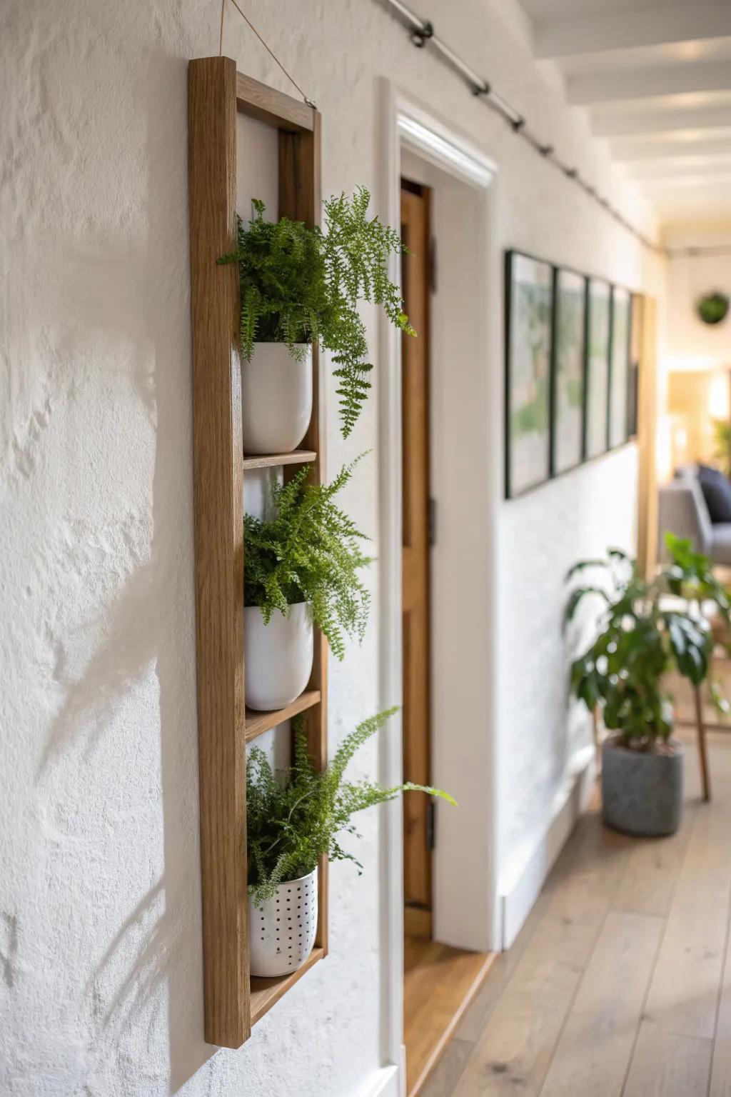 A vertical wall planter strip brings greenery to narrow hallways—no floor clutter, just calm style.