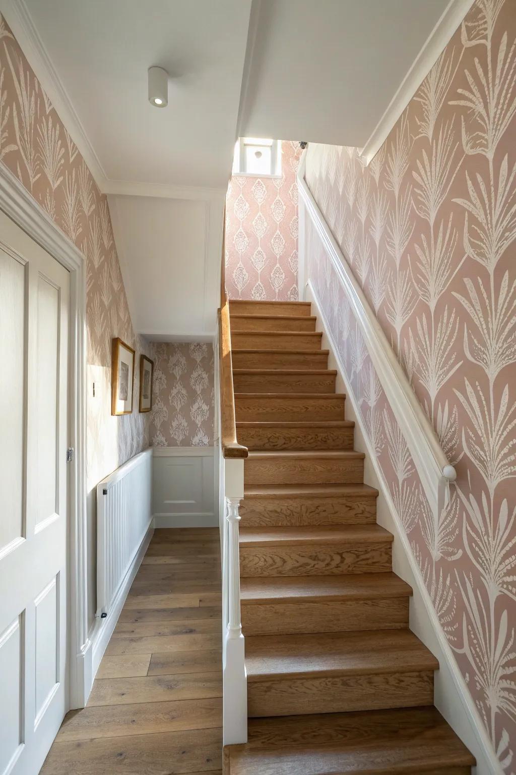 Wallpaper that climbs the stairwell: a soft repeating print guiding you upstairs with calm drama.