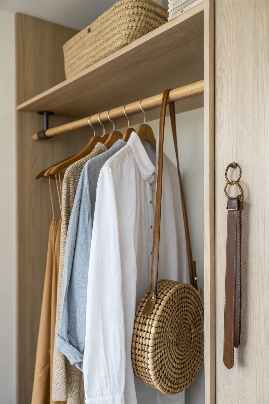 A single tension rod turns your wardrobe side wall into chic storage for scarves and clutches.