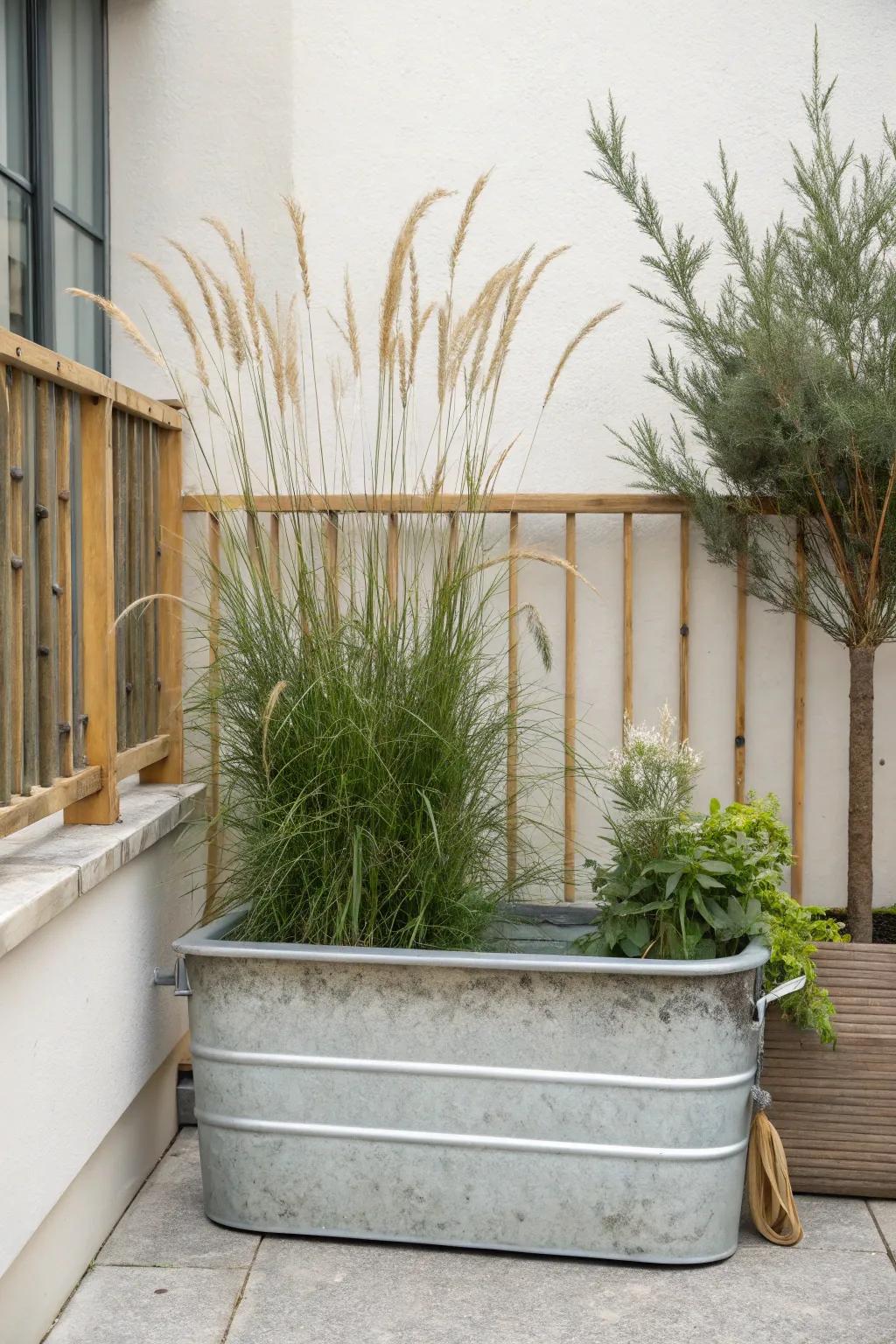 Turn a simple water trough planter into a lush, space-saving balcony privacy screen.